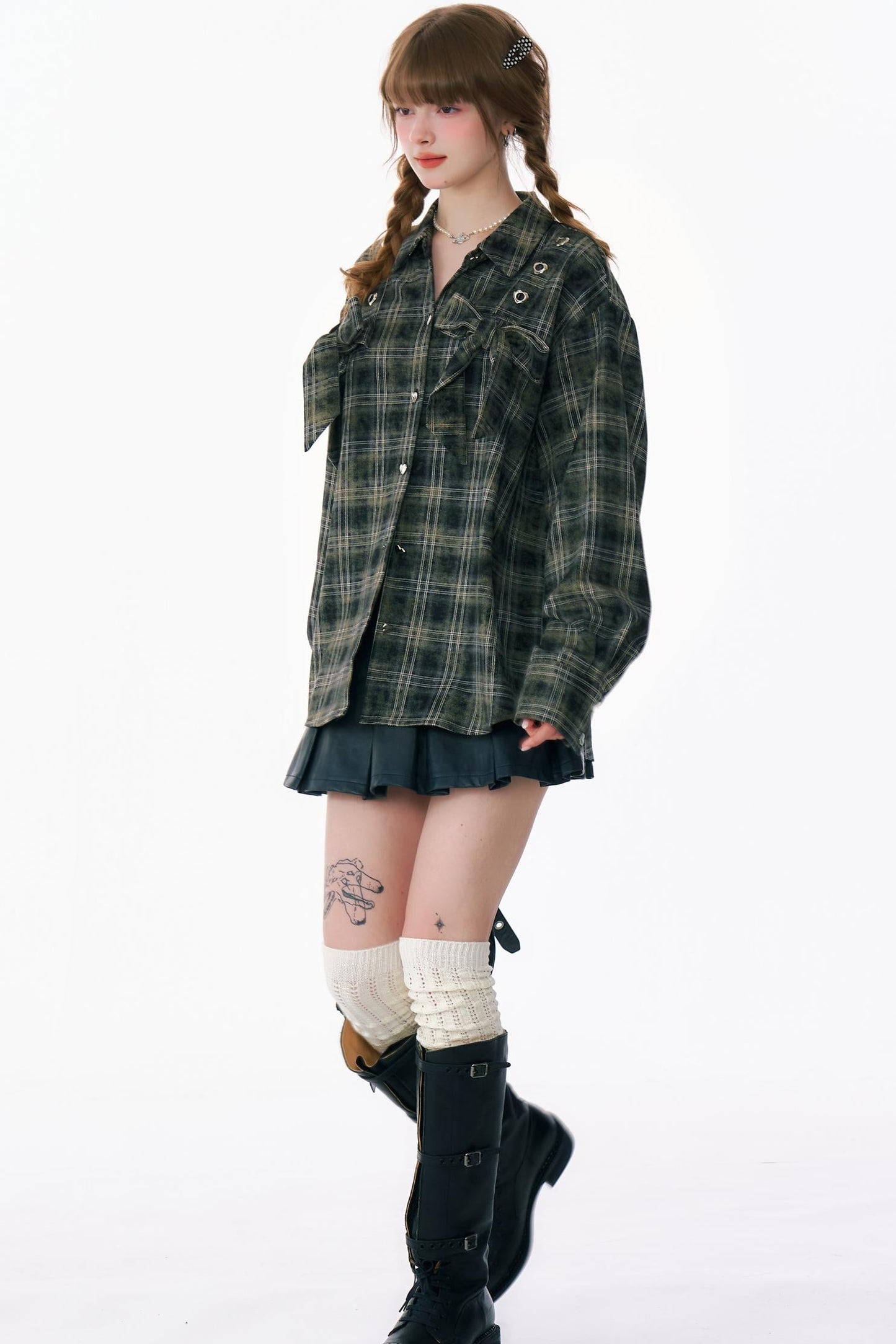 Bow-Knot Plaid Oversized Shirt
