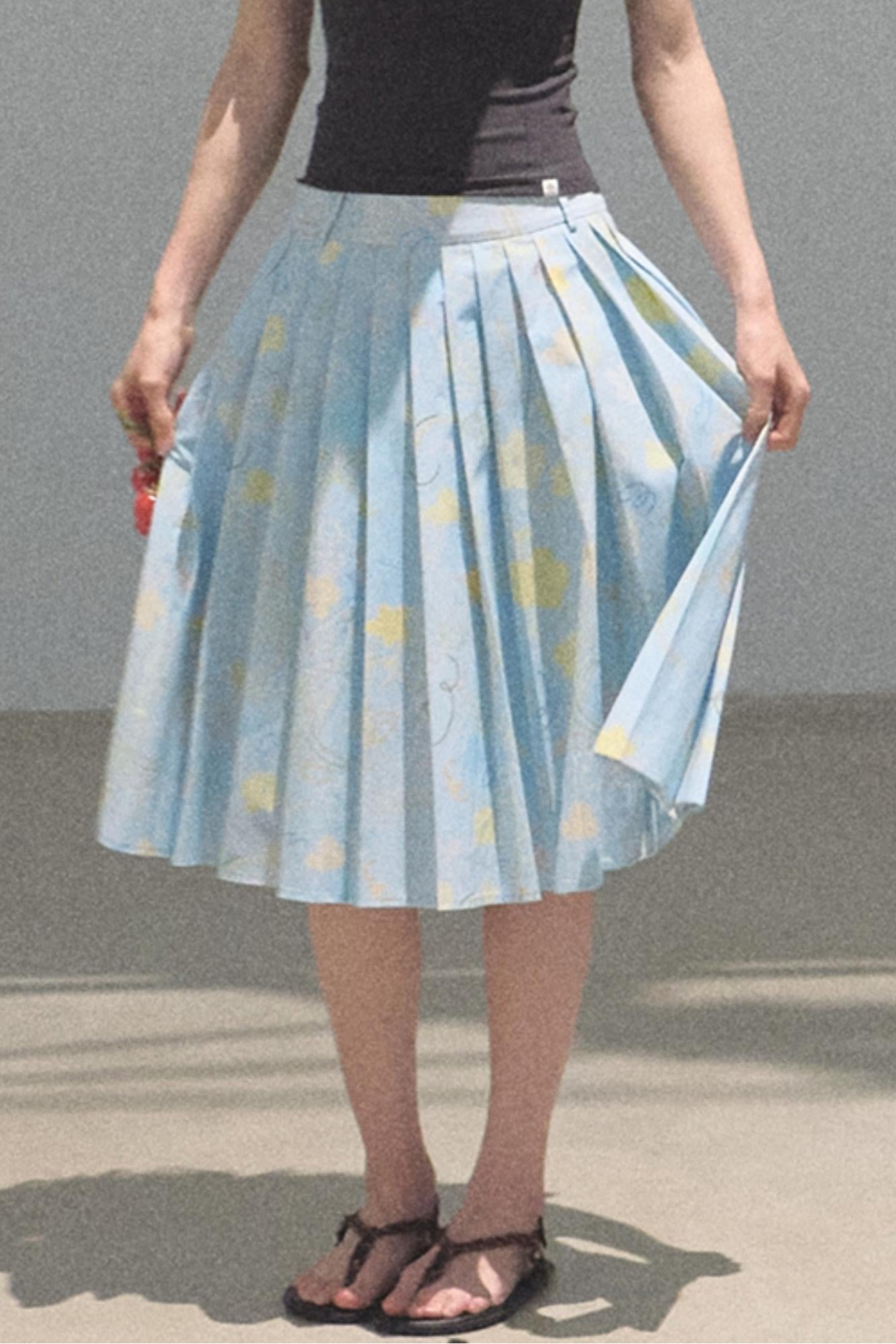 Running Waves Cotton Poplin Pleated Midi Skirt