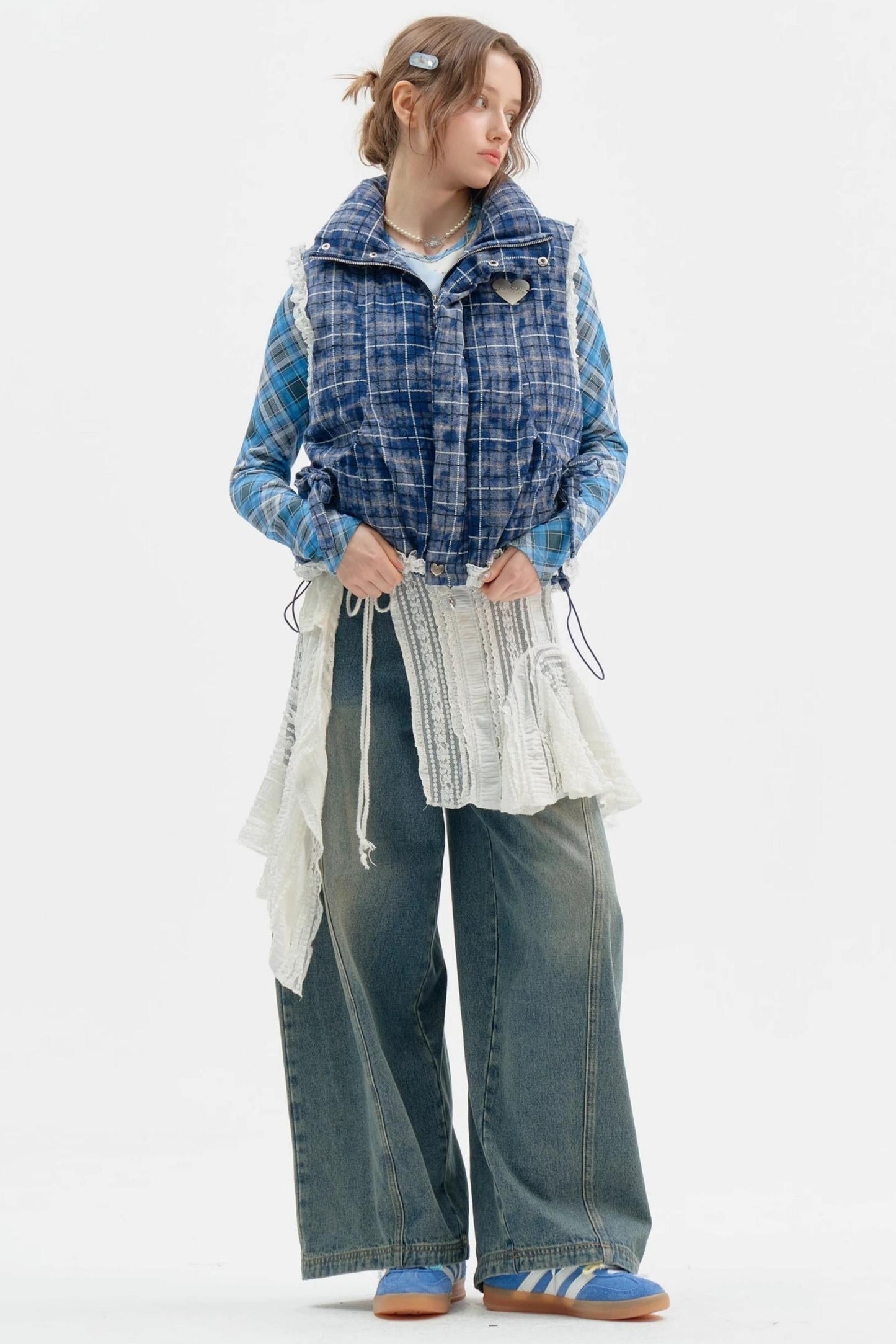 Thickened Velvet Blue Check Cotton Jacket