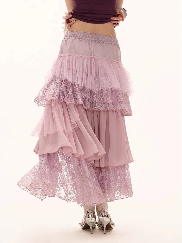 A High Slit Layered Lace Skirt
