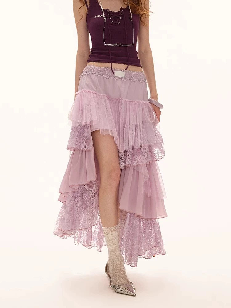 A High Slit Layered Lace Skirt