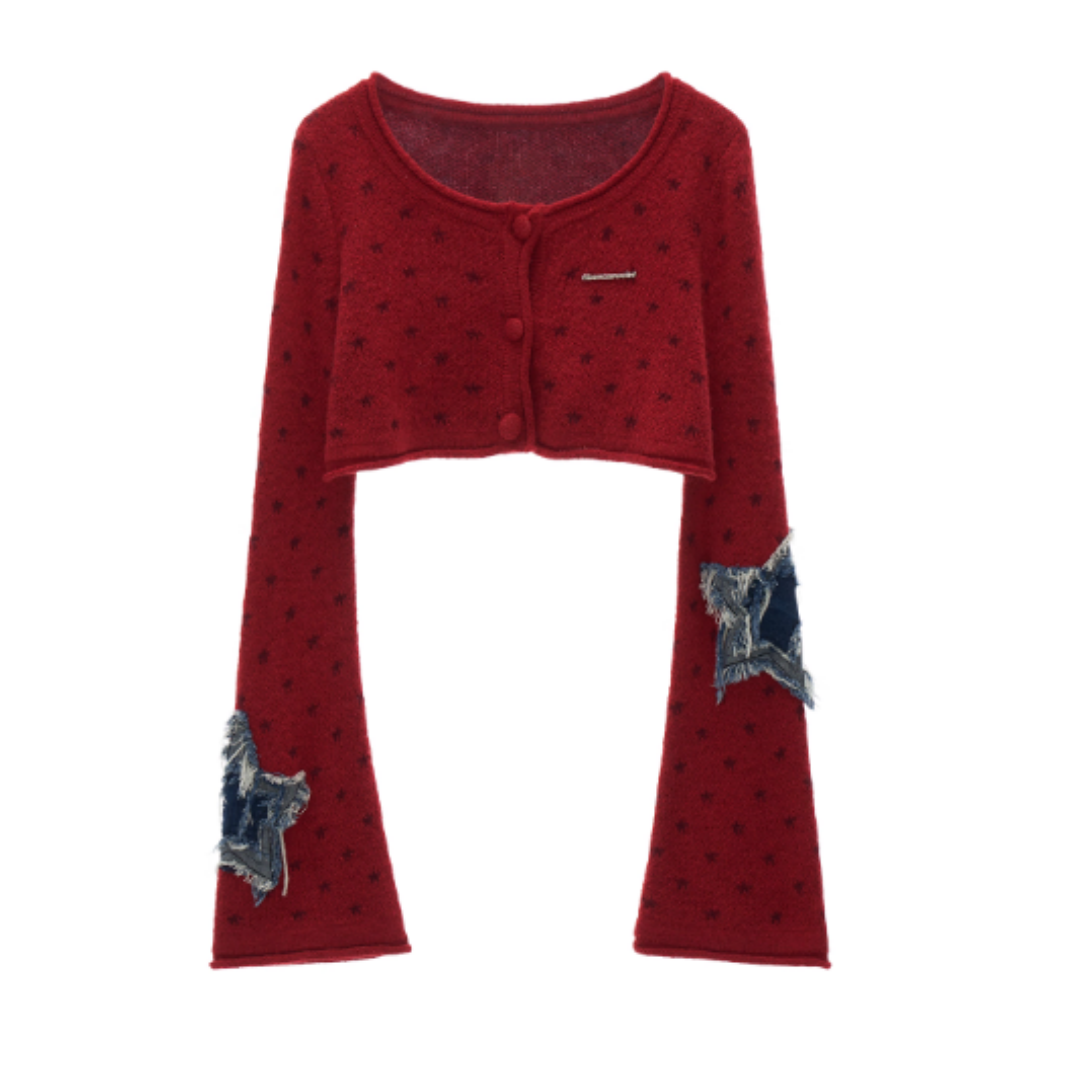 Star Patch Cropped Sweater Jacket