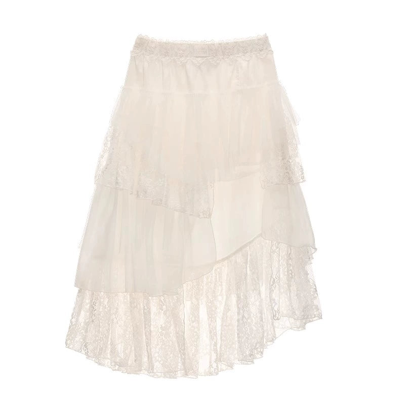 A High Slit Layered Lace Skirt