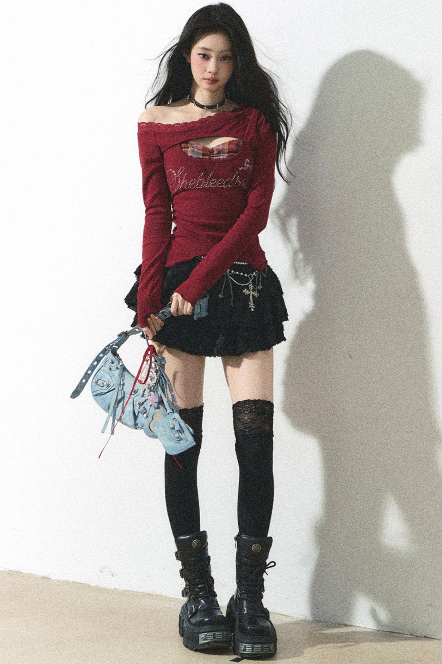 Red Lace One-Shoulder Top