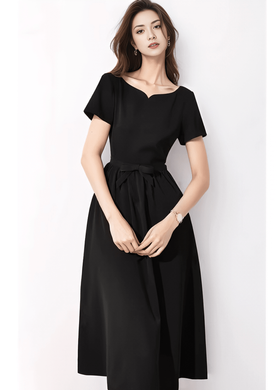 Notched Neck Waist-Tie Flare Dress
