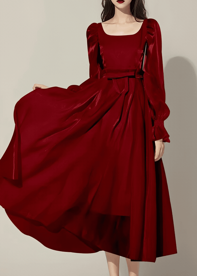 Shiny Satin Ribbon-Belt Flared Dress