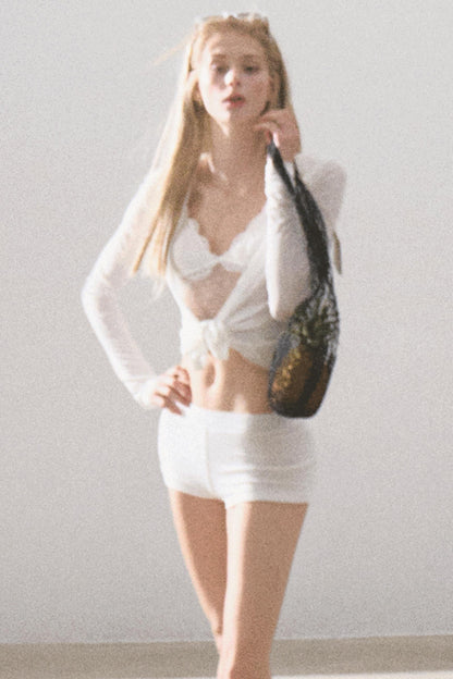 Snowflake Knit Hoodie &amp; Patchwork Shorts Set-Up