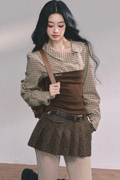 Knitted Long-Sleeved Plaid Top