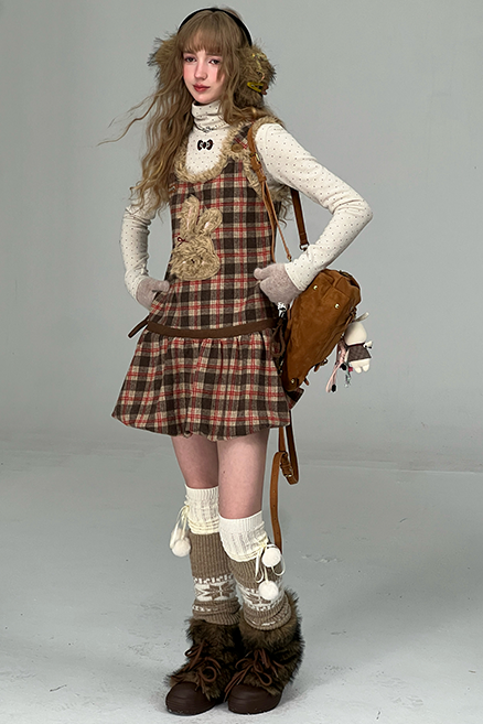Autumn Reddish-Brown Plaid Rabbit Pocket Vest Dress
