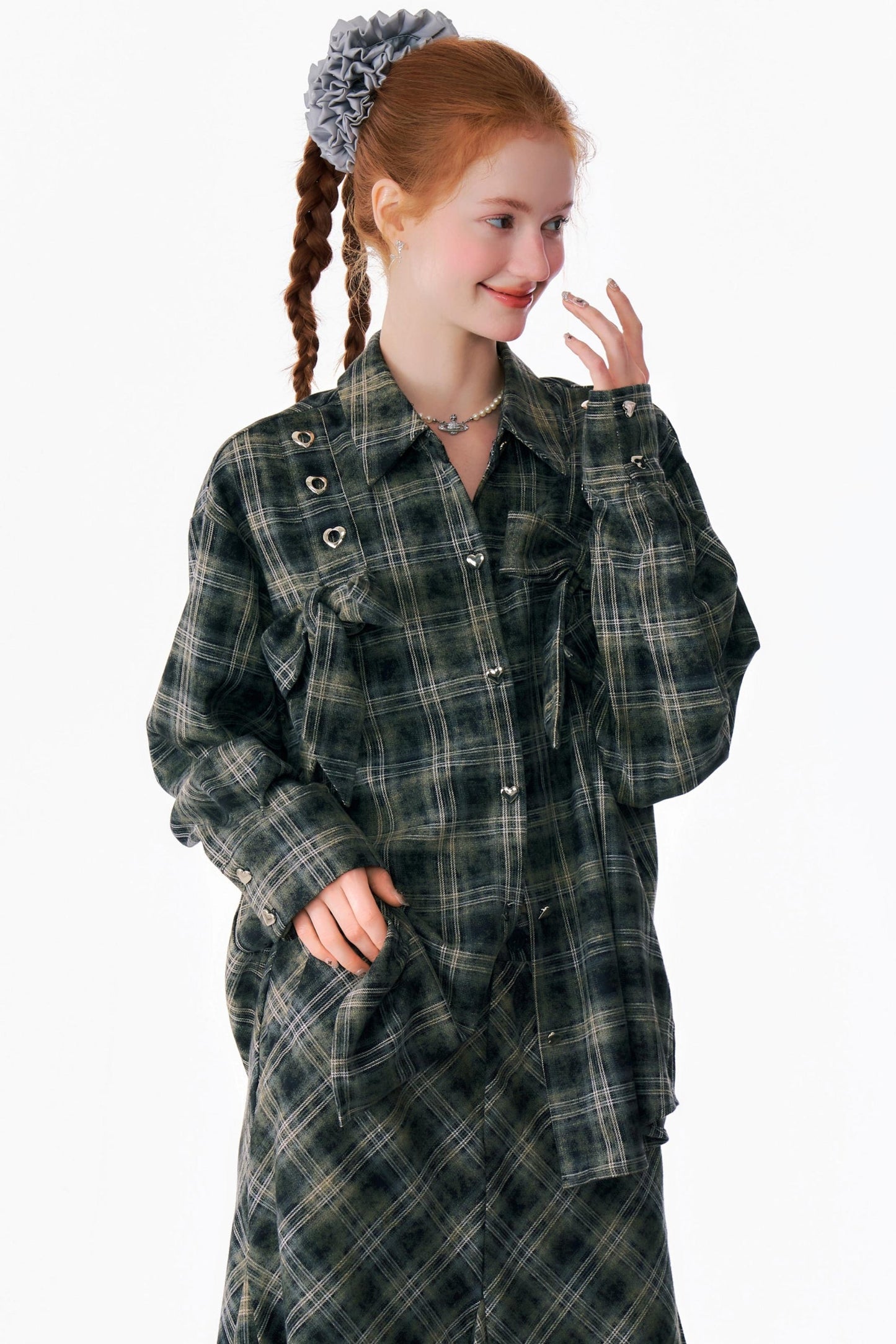 Bow-Knot Plaid Oversized Shirt