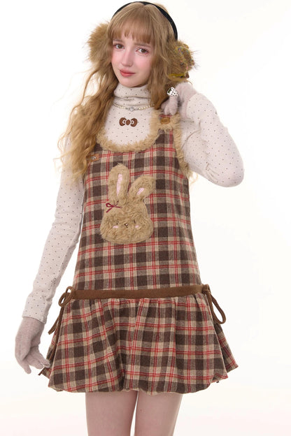Autumn Reddish-Brown Plaid Rabbit Pocket Vest Dress