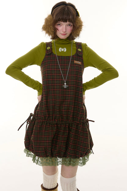 Autumn Retro Lace Plaid Dress