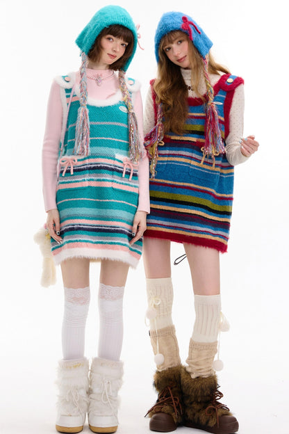 American Retro Striped Bow Knitted Vest Dress