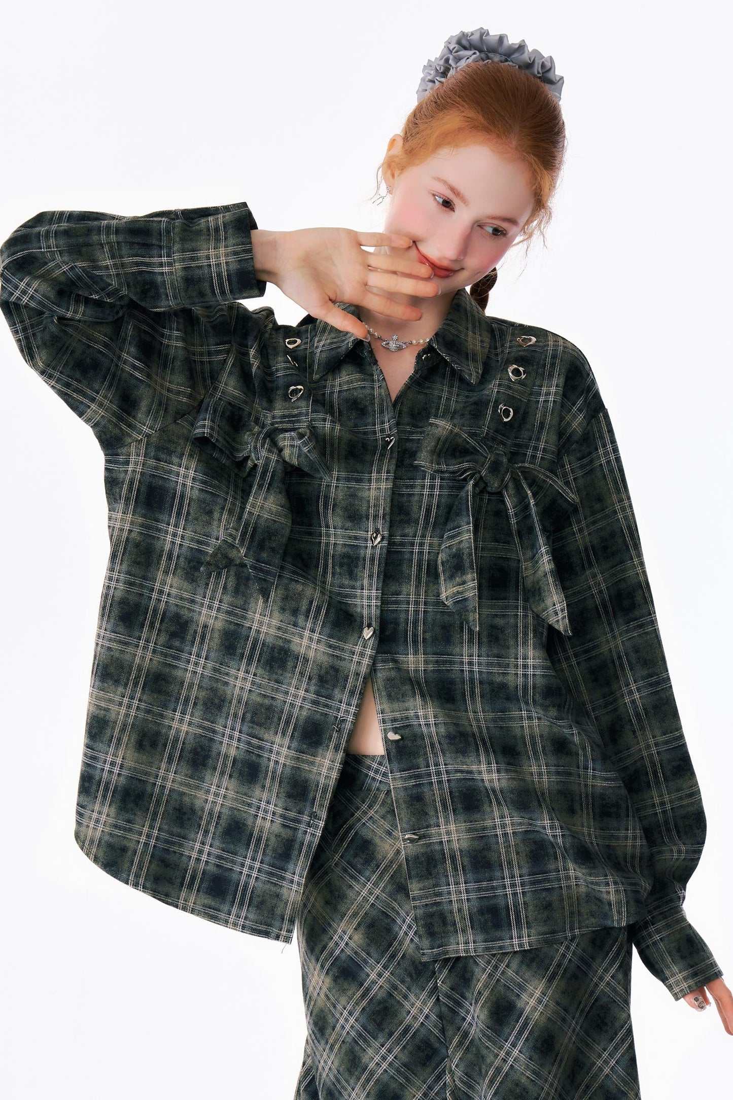 Bow-Knot Plaid Oversized Shirt