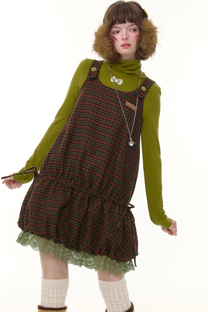 Autumn Retro Lace Plaid Dress