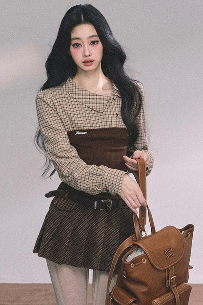 Knitted Long-Sleeved Plaid Top