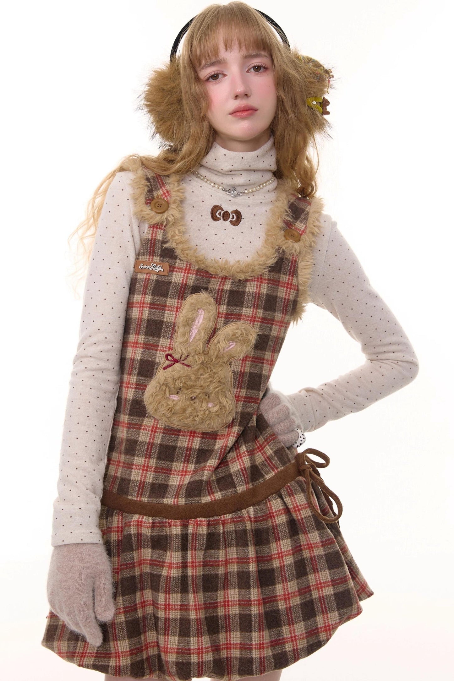 Autumn Reddish-Brown Plaid Rabbit Pocket Vest Dress
