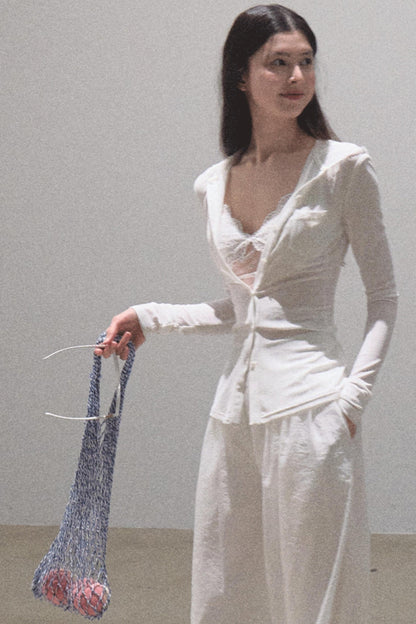 Snowflake Knit Hoodie &amp; Patchwork Shorts Set-Up