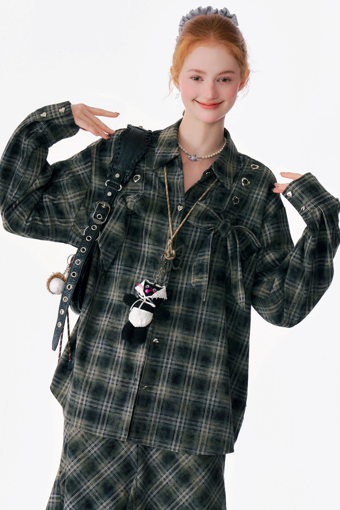 Bow-Knot Plaid Oversized Shirt