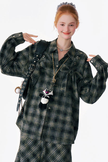 Bow-Knot Plaid Oversized Shirt