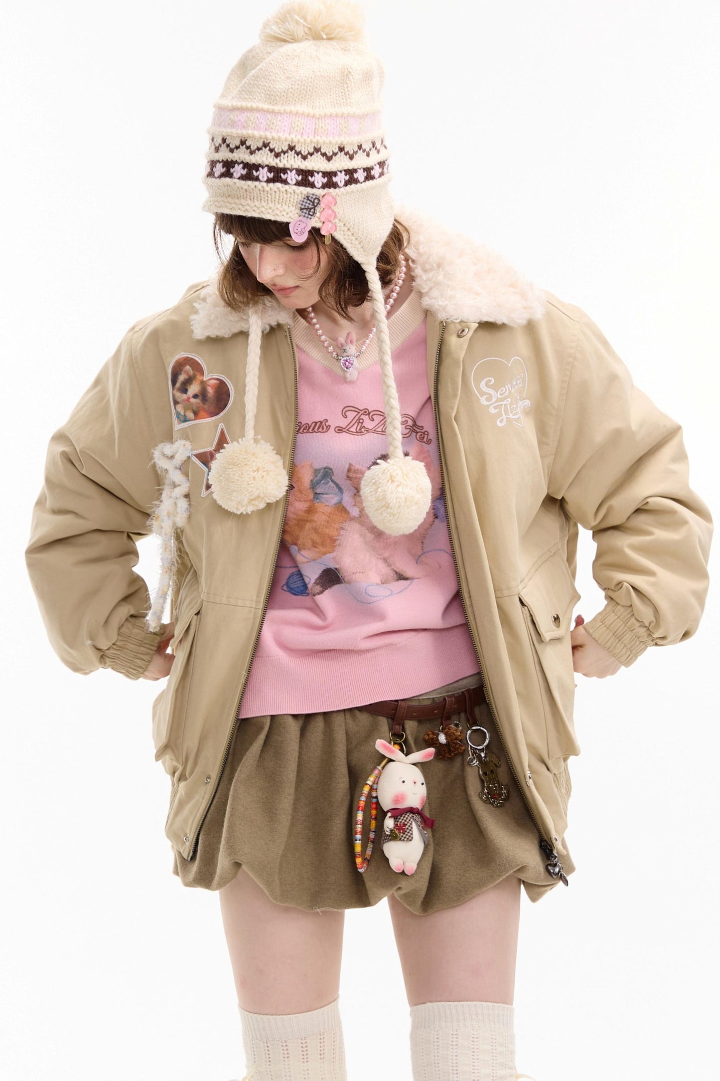 猫咪图案工装风修身棉质夹克