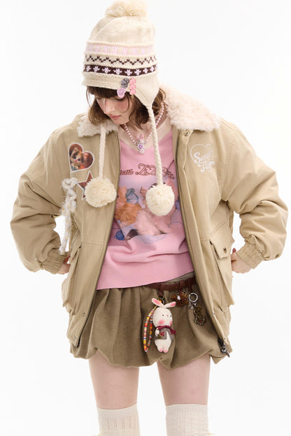 猫咪图案工装风修身棉质夹克