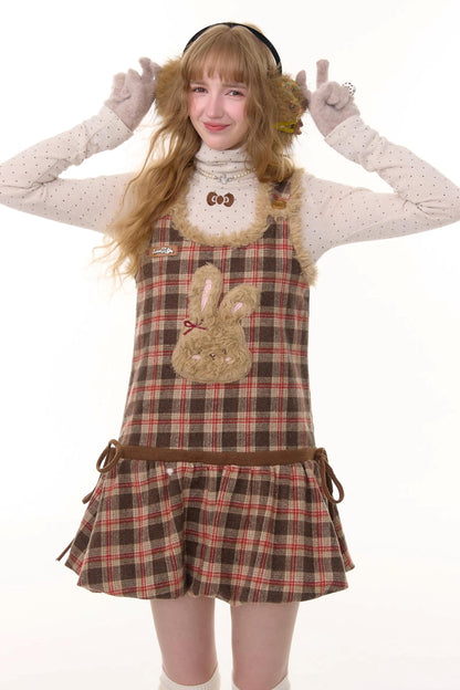 Autumn Reddish-Brown Plaid Rabbit Pocket Vest Dress