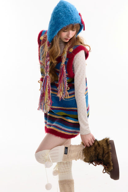 American Retro Striped Bow Knitted Vest Dress