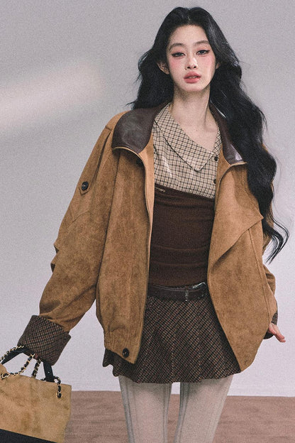 Knitted Long-Sleeved Plaid Top