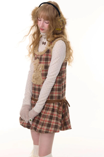 Autumn Reddish-Brown Plaid Rabbit Pocket Vest Dress