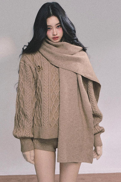 Winter Knitted Scarf Sweater Shorts Set-Up