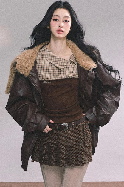 Knitted Long-Sleeved Plaid Top