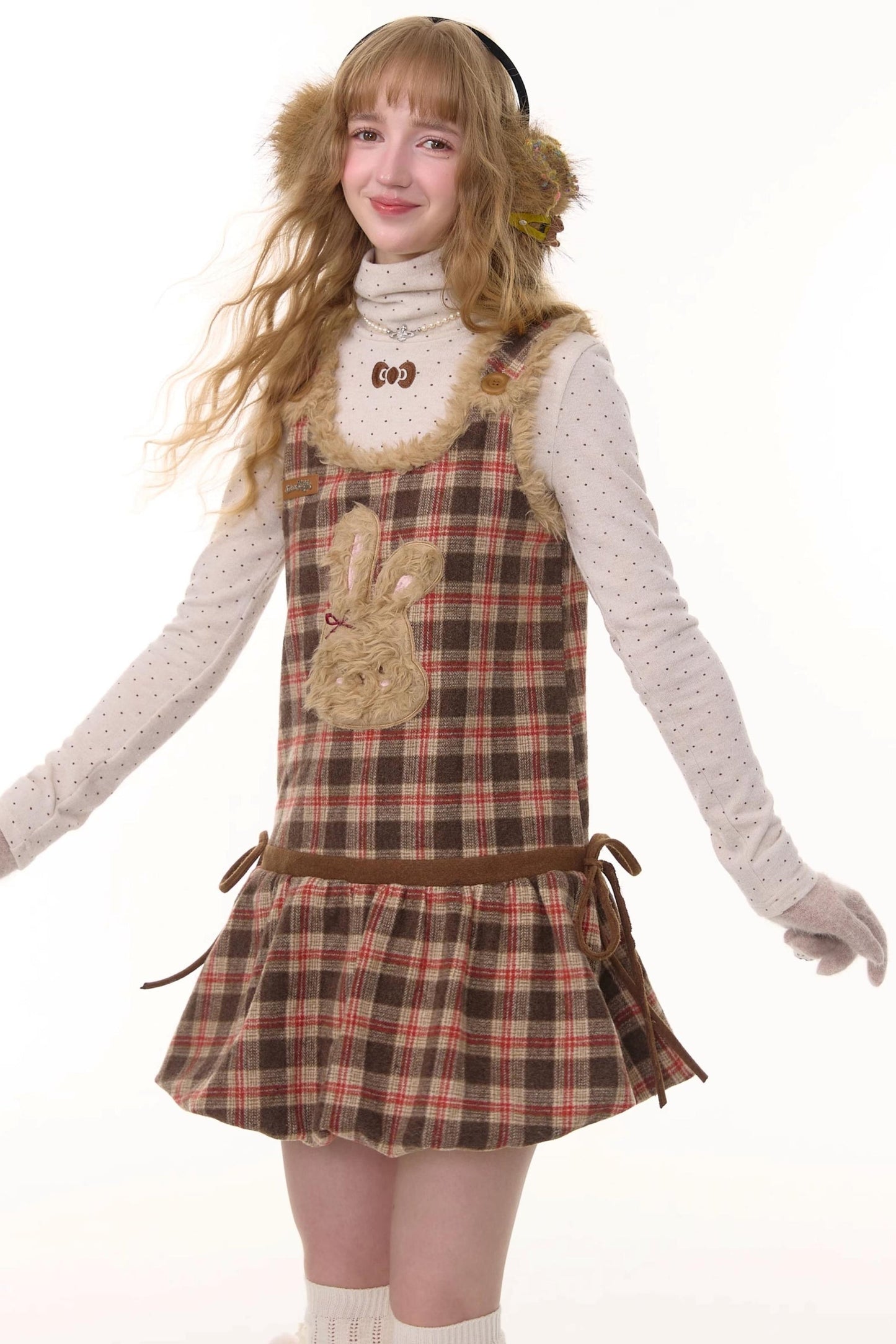 Autumn Reddish-Brown Plaid Rabbit Pocket Vest Dress