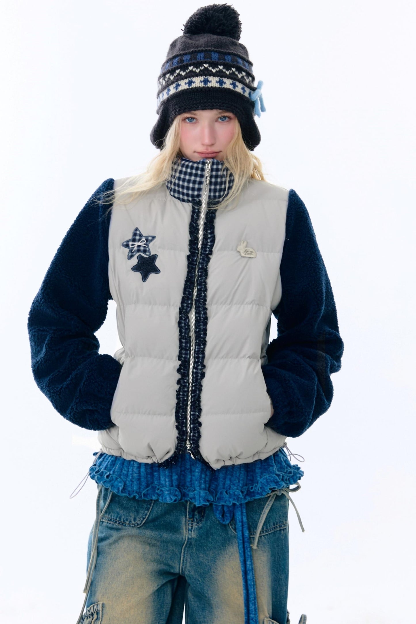 Star Print Color-Blocking Cotton Coat