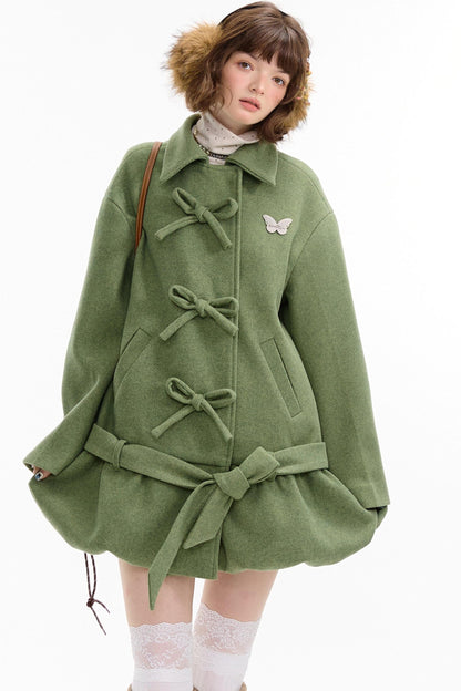 American Retro Bow Pocket Woolen Coat