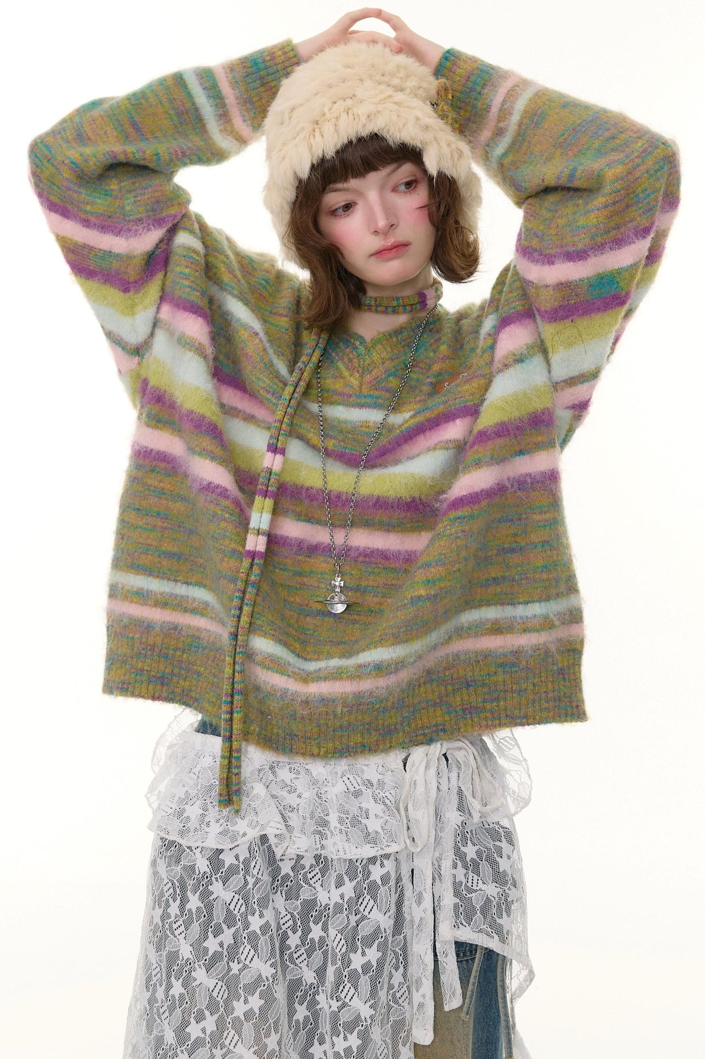 Autumn Winter Color-Blocking Striped V-Neck Sweater