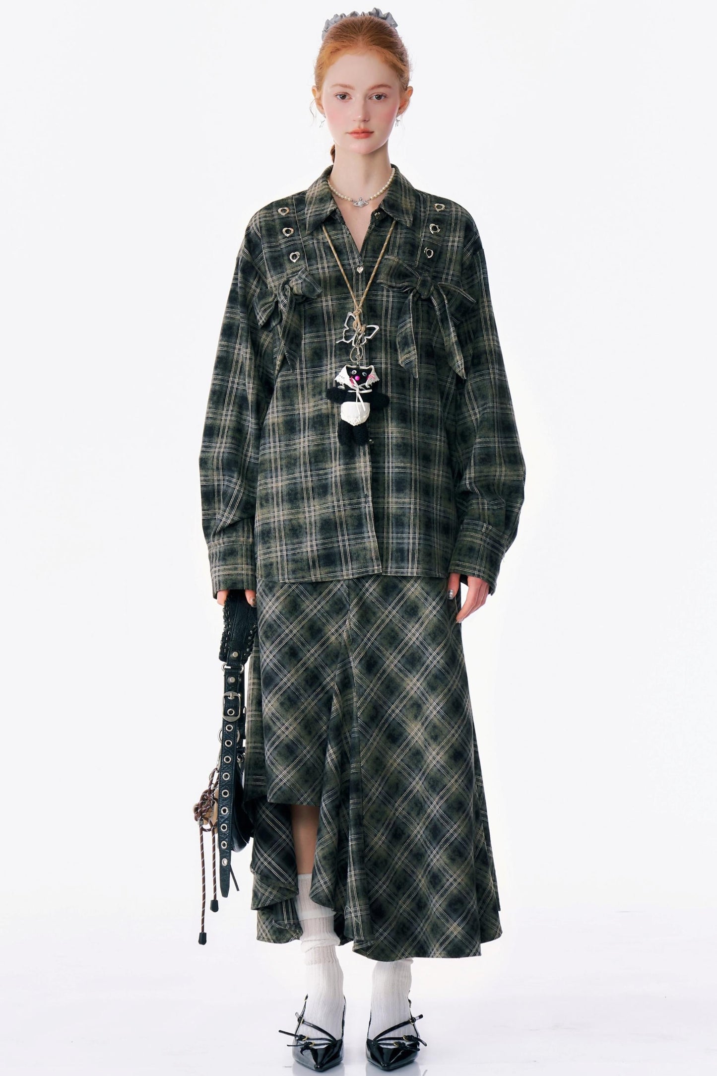 Bow-Knot Plaid Oversized Shirt