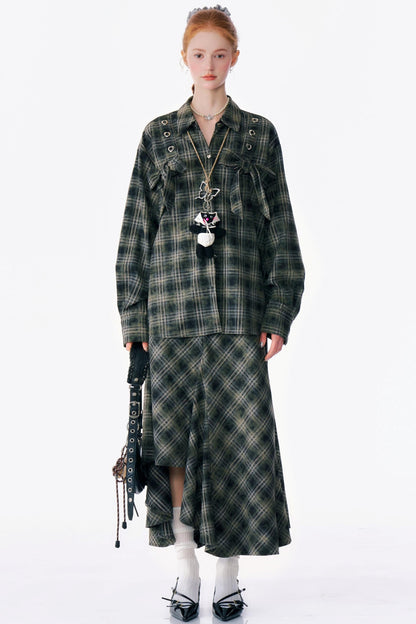 Bow-Knot Plaid Oversized Shirt