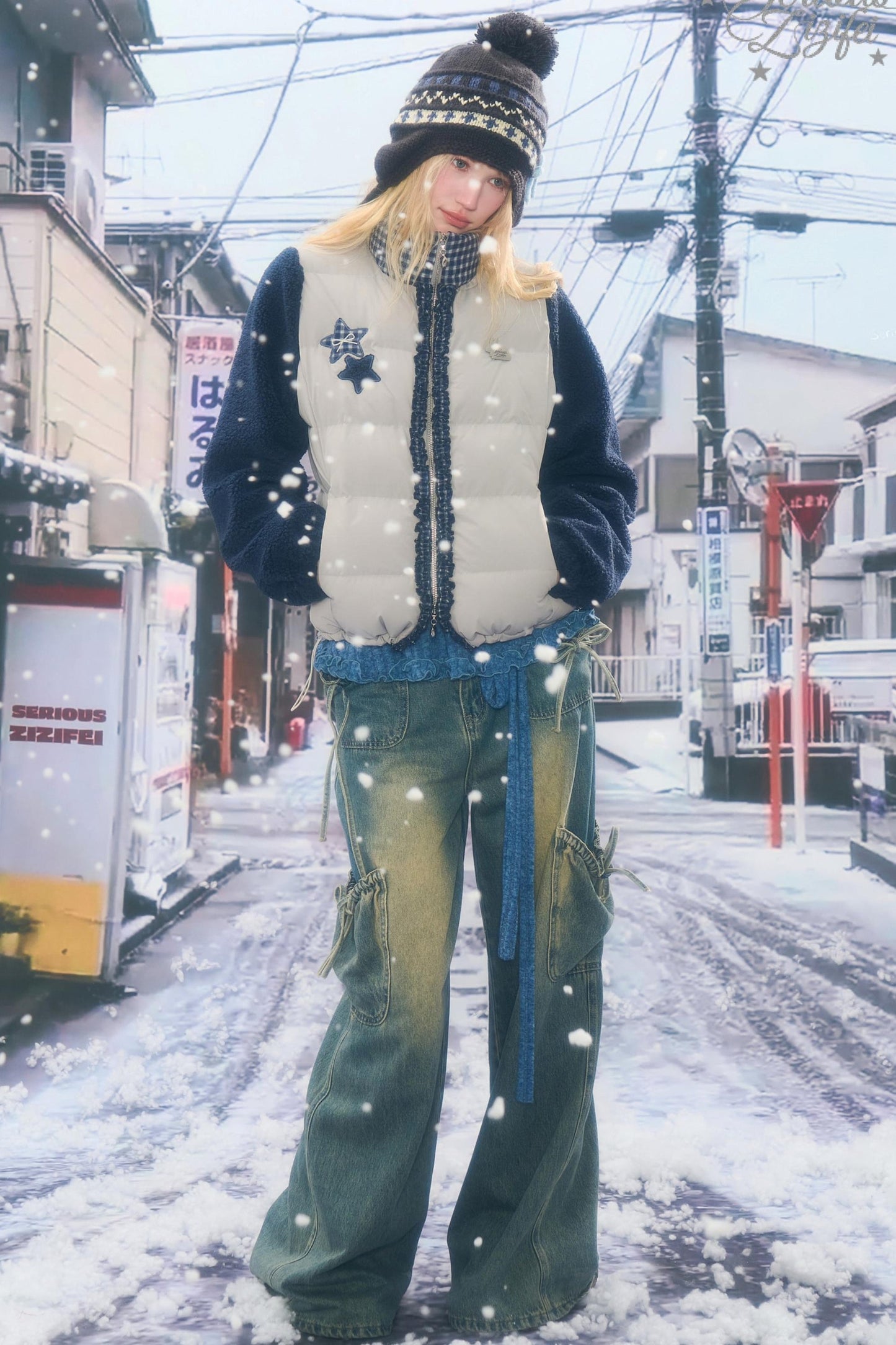 Star Print Color-Blocking Cotton Coat