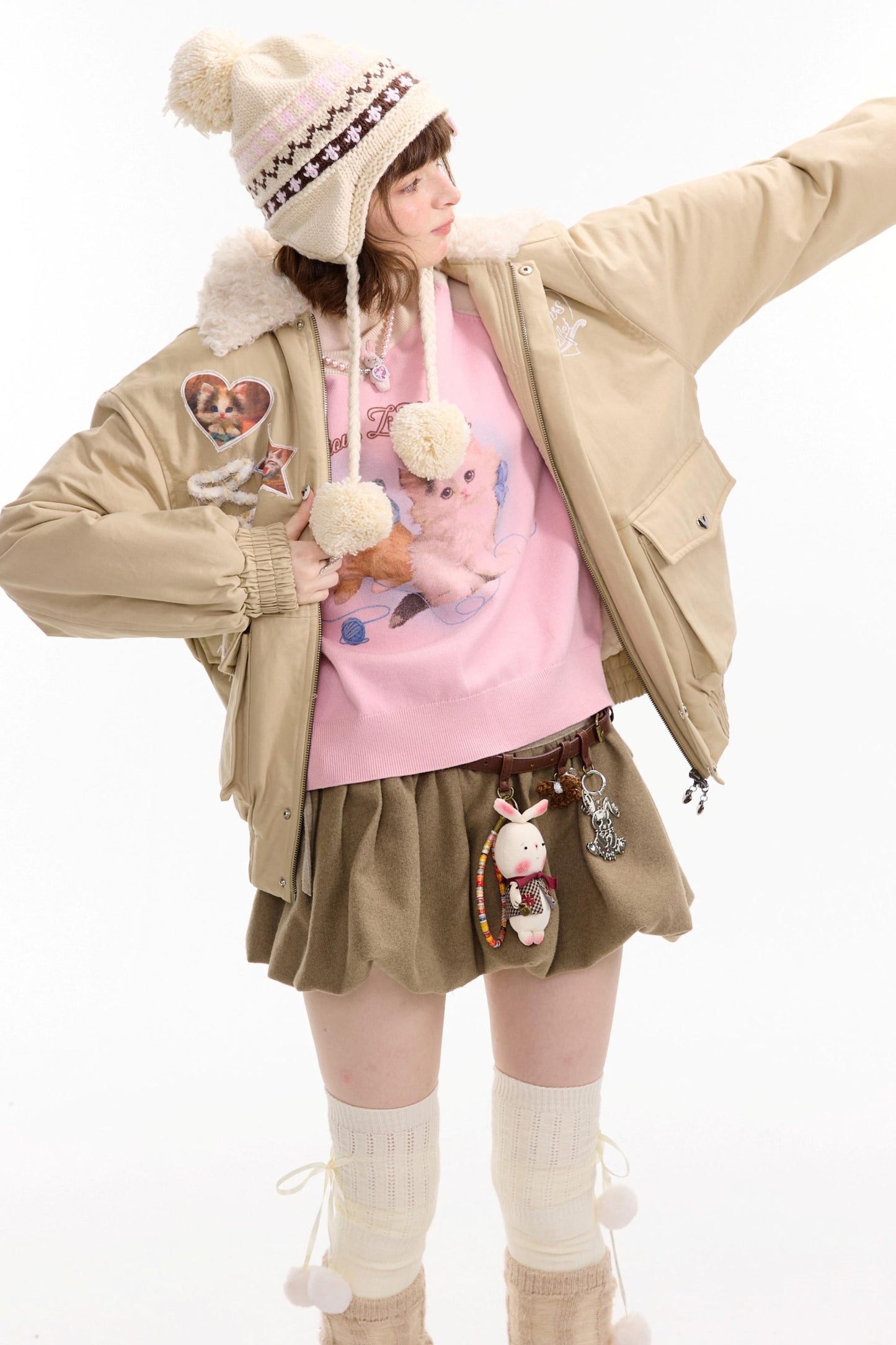 猫咪图案工装风修身棉质夹克