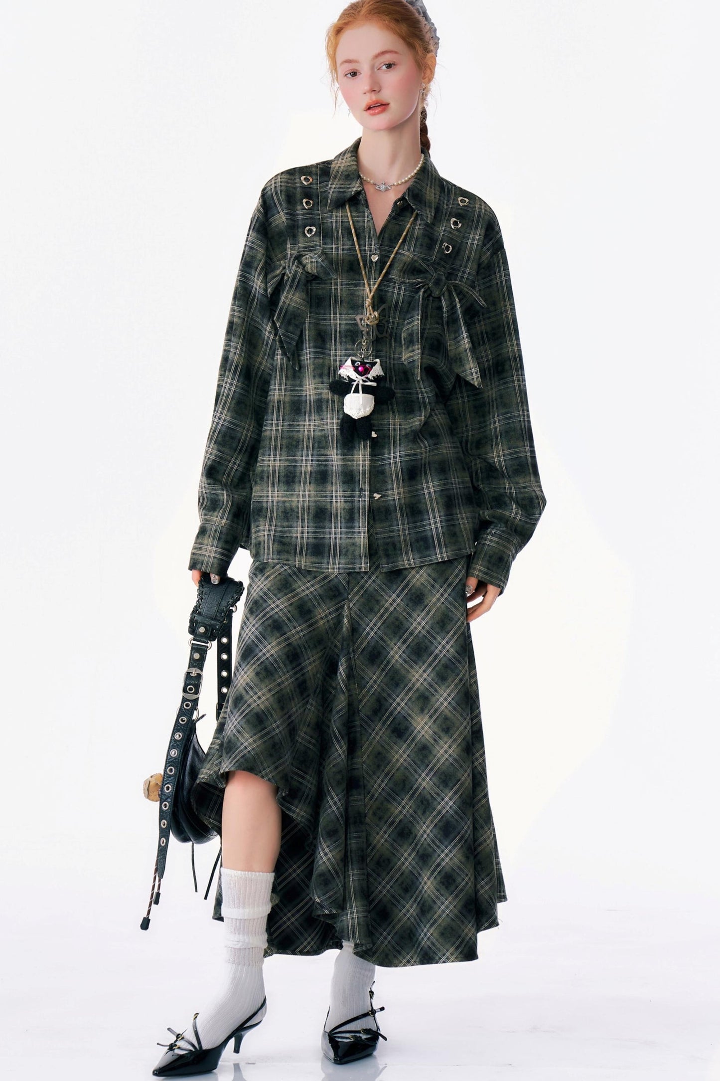 Bow-Knot Plaid Oversized Shirt
