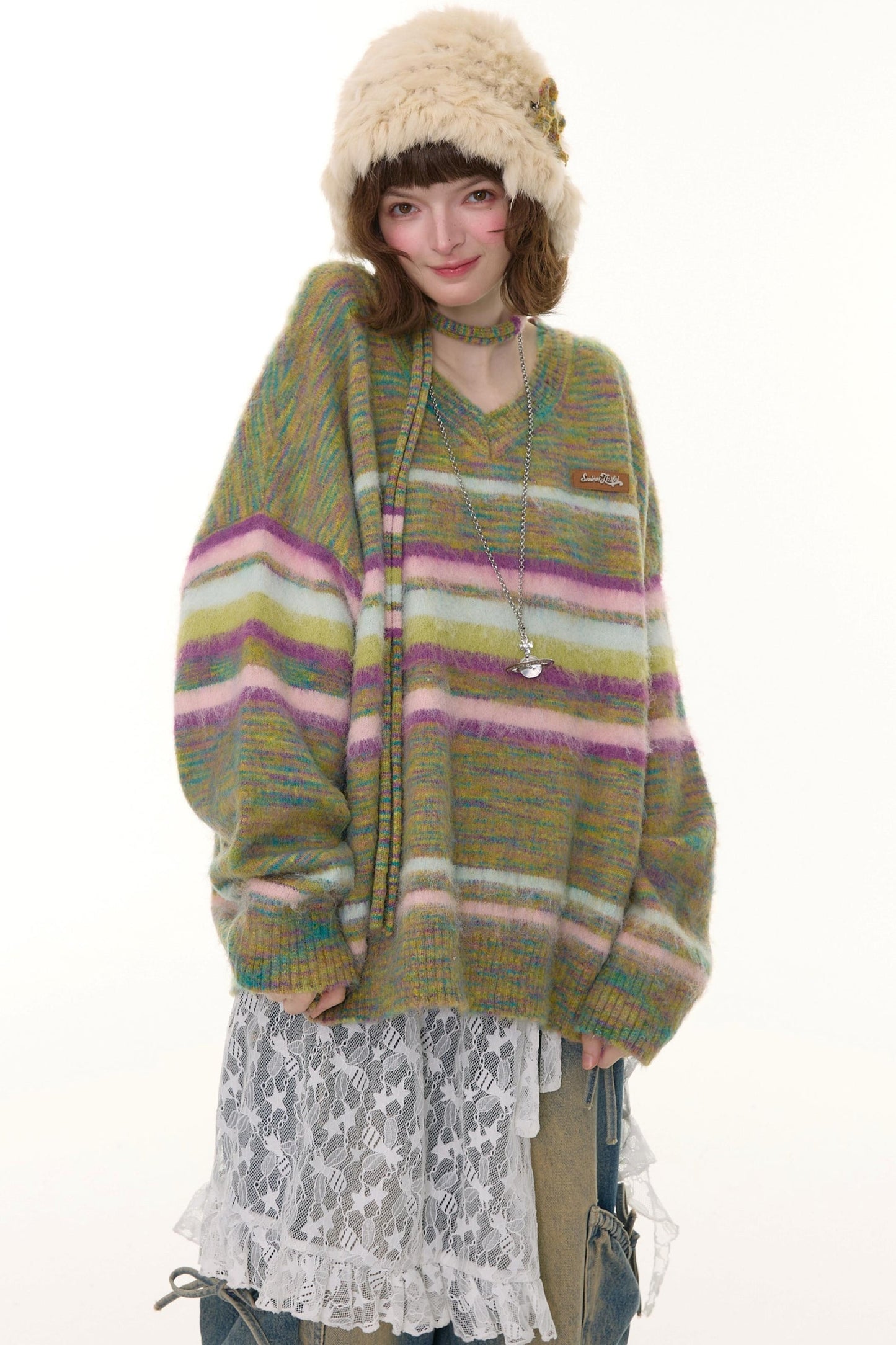 Autumn Winter Color-Blocking Striped V-Neck Sweater