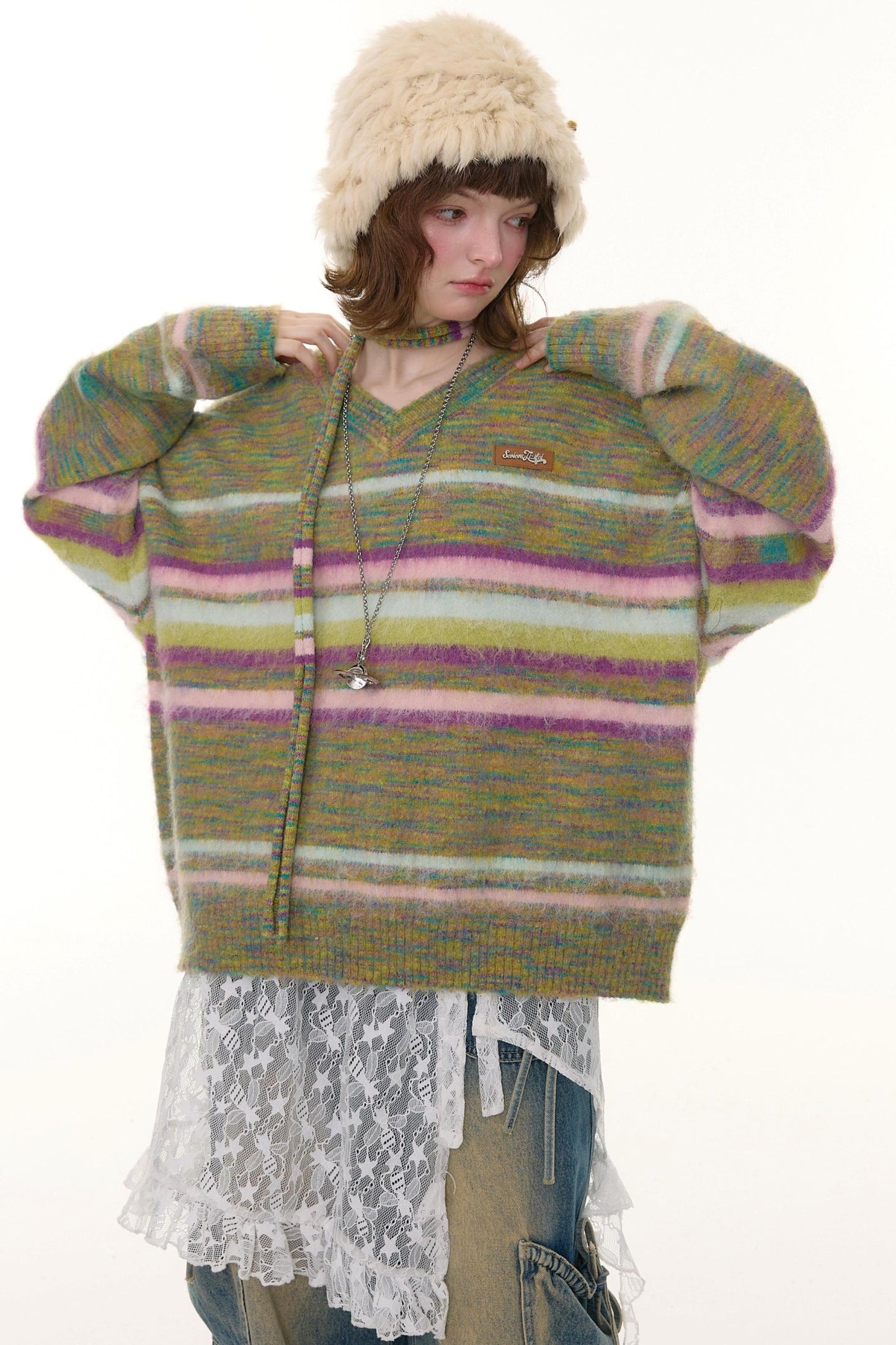 Autumn Winter Color-Blocking Striped V-Neck Sweater