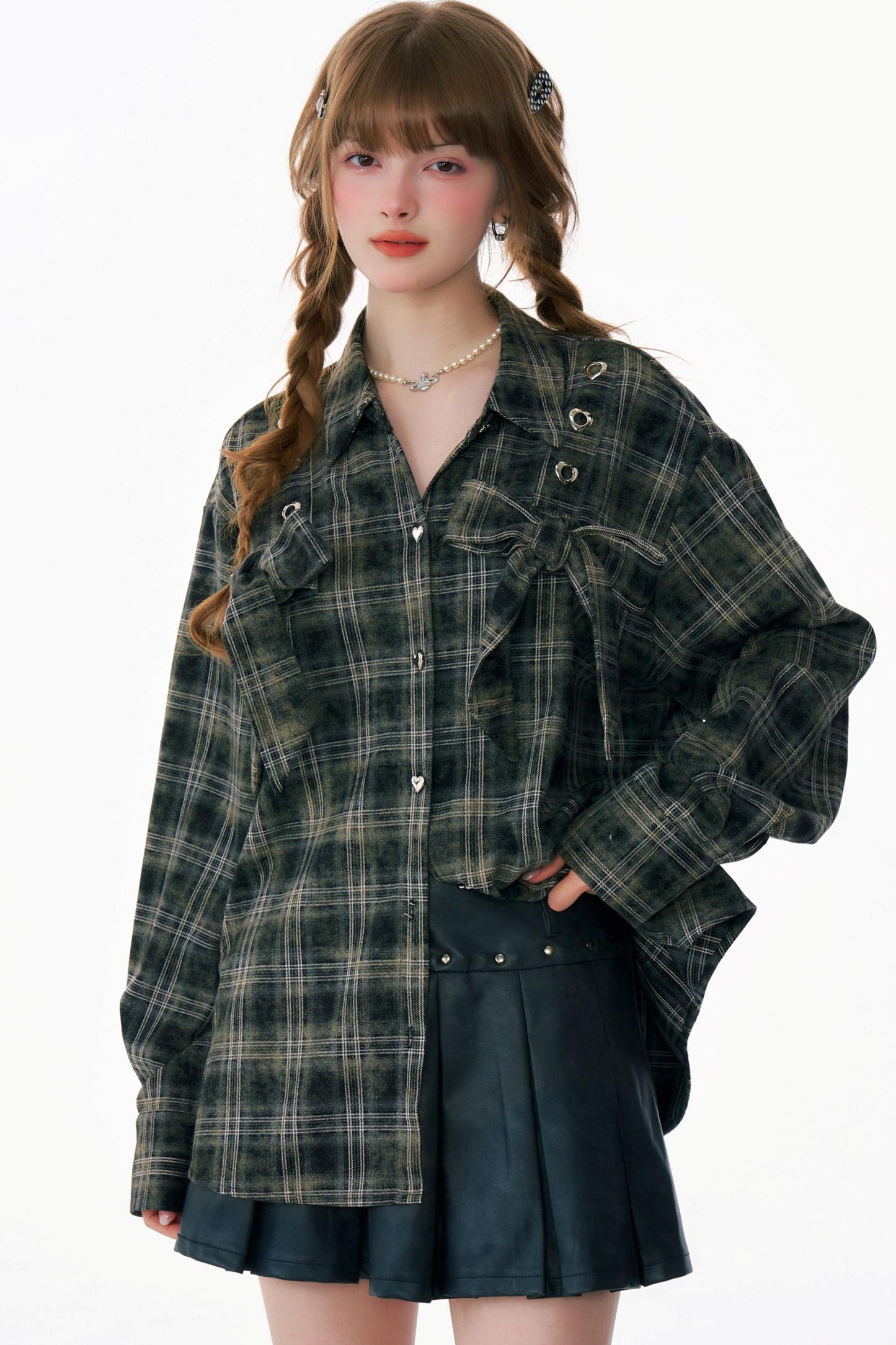 Bow-Knot Plaid Oversized Shirt