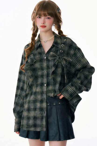 Bow-Knot Plaid Oversized Shirt