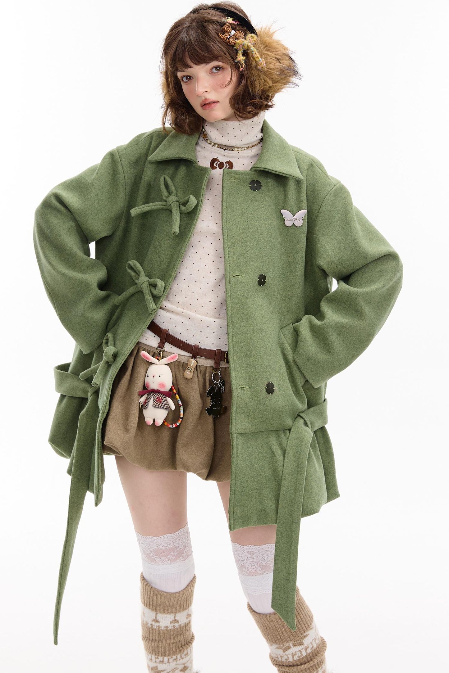 American Retro Bow Pocket Woolen Coat