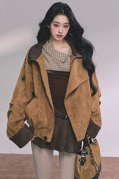 Knitted Long-Sleeved Plaid Top