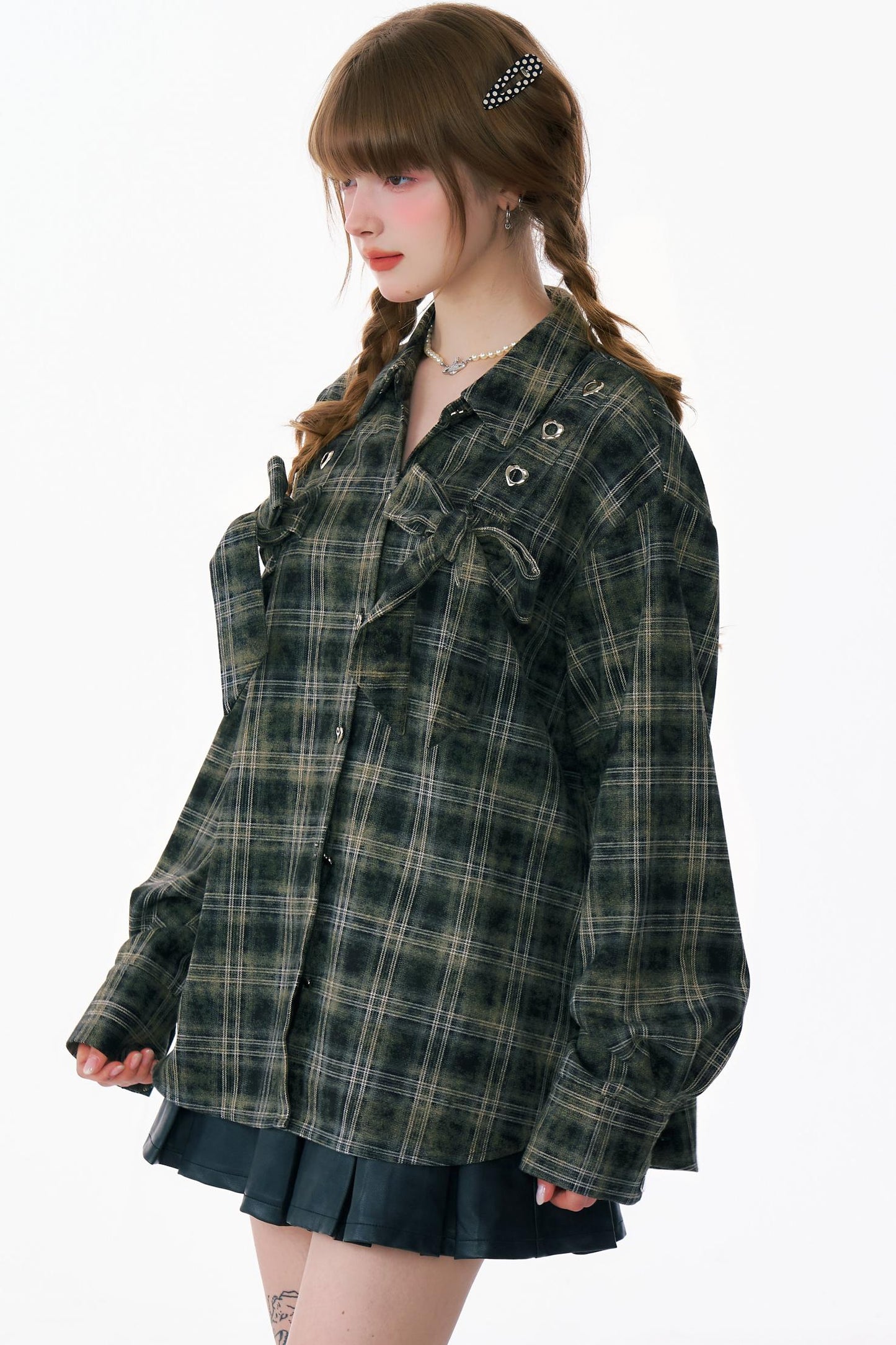 Bow-Knot Plaid Oversized Shirt
