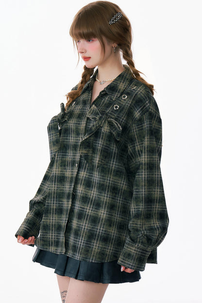 Bow-Knot Plaid Oversized Shirt