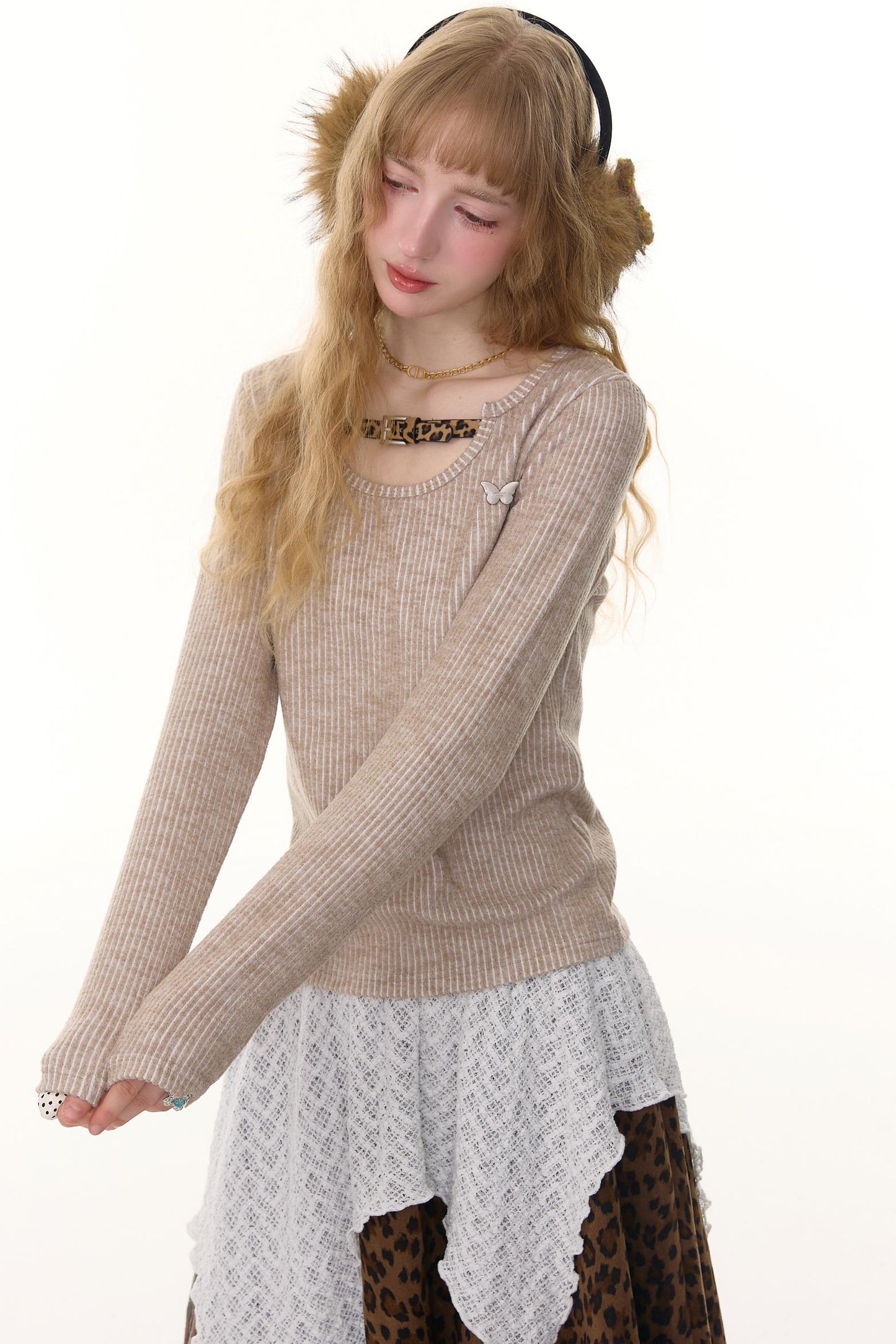 Design Leopard Print Long Sleeve Knit Shirt